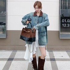 批发2025球季新款女装休闲宽松的牛仔女慵懒风又飒撞色翻领外套