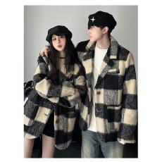 批发小香风复古格纹毛呢加厚西装领外套<b class='q'>男</b>女秋冬季情侣装休闲毛呢外套