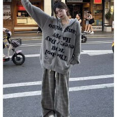 美式复古高街破洞连帽针织衫毛衣外套宽松百搭情侣字母拉链款