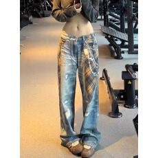 批发大码美式复古设计感<b class='q'>格子衬衫</b>打印牛仔裤<b class='q'>男</b>女潮流宽松休闲直筒长裤