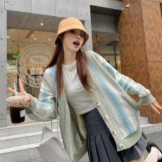 批发美式拼接彩色条纹针织衫毛衣女春秋季2026新款慵懒风<b class='q'>宽松</b>时尚开衫