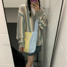 批发美式拼接彩色条纹针织衫毛衣女春秋季2026新款慵懒风<b class='q'>宽松</b>时尚开衫