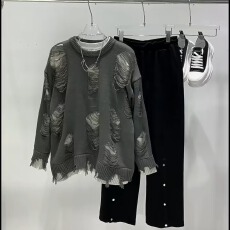 批发日系复古假两件不规则破洞针织衫毛衣男女<b class='q'>宽松</b>潮流百搭外穿毛线衣