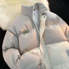 韩系oversize刺绣拼色竖纹面包服男女冬宽松chic学生加厚棉袄外套