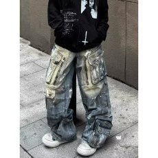 批发美式复古重工涂鸦多口袋工<b class='q'>装</b>牛仔裤<b class='q'>女</b>街头风宽松直筒阔腿长裤