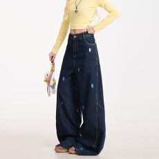 批发美式复古重工刺绣直筒牛仔裤女<b class='q'>胖</b><b class='q'>mm</b><b class='q'>秋季</b>设计感高腰宽松阔腿裤