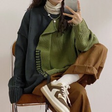批发<b class='q'>假两件</b>拼接<b class='q'>针织衫</b>毛衣外套女春秋新款韩系chic慵懒风别致流苏上衣