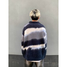 批发美式覆古不规则撞色条纹毛衣<b class='q'>男</b>女秋冬新款慵懒风彷貂polo领针织衫