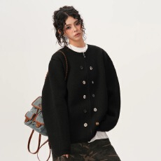 批发韩系小众设计感宽松针织开衫纽扣装饰纯色圆领毛衣小香风外套<b class='q'>男</b>女