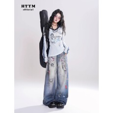 批发美式复古3D链条印花牛仔裤女2025新款高腰宽松阔腿直筒长<b class='q'>裤子</b>