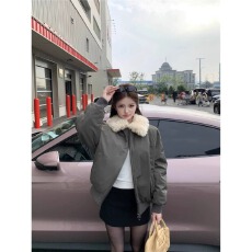 批发橄榄绿复古毛毛翻领<b class='q'>棉衣</b>外套女秋冬新款加厚保暖休闲宽松棉服上衣