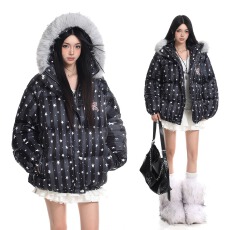 批发美式复古立领连帽黑色印花棉服女冬季2025新款加绒加厚宽松面包服