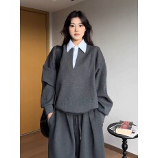 批发春秋季<b class='q'>衬衫</b>拼接假两件休闲卫衣套装男女高级感宽松运动两件套