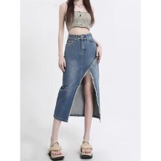 批发<b class='q'>秋</b>冬<b class='q'>秋</b>季高腰开叉牛仔半身裙女设计感2025新款复古a字裙包臀长裙