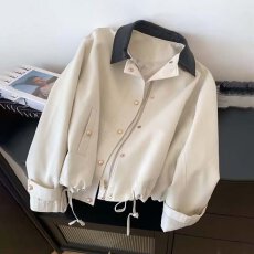 批发韩国chic<b class='q'>秋</b>复古洋气撞色翻领单排扣宽松百搭长袖工装夹克短外套女