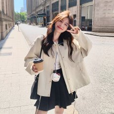 批发韩国chic<b class='q'>秋</b>复古洋气撞色翻领单排扣宽松百搭长袖工装夹克短外套女
