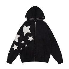 批发美式复古<b class='q'>街头</b>星星拉链针织开衫毛衣宽松休闲百搭连帽外套女