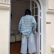 批发美式<b class='q'>街头</b>秋冬扎染水洗格子衬衫外套女高级宽松外搭设计感长袖外套