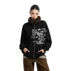 批发美式<b class='q'>街头</b>可拆卸毛领字母印花立领卫衣外套女款春秋季宽松情侣开衫