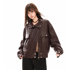 批发美式复古飞行员皮衣夹克女<b class='q'>春</b>秋款美拉德棕色酷飒风翻领pu外套女潮