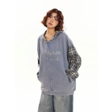 批发原创美式格纹拼接做旧连帽衫卫衣男女秋季<b class='q'>街头</b>宽松休闲开衫外套