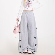 批发星星印花<b class='q'>设计</b>感休闲裤女秋季新款美式气质高腰显瘦阔腿裤潮