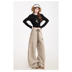 批发美式复古辣妹条纹休闲卫裤女2025秋冬宽松直筒阔腿运动长裤