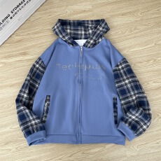 批发原创美式格纹拼接做旧连帽衫卫衣男女秋季<b class='q'>街头</b>宽松休闲开衫外套