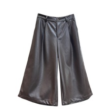 批发棕色八分PU皮裤子女秋冬新款高腰大码胖mm宽松直筒中裤七分阔腿裤