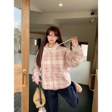 批发美式<b class='q'>韩版</b>小香风羊羔毛绒格子夹棉外套冬季宽松甜美可爱连帽棉上衣