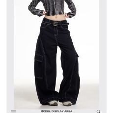 批发港风复古显瘦明线设计感<b class='q'>帅气</b>牛仔裤女宽松街头风宽松阔腿工装裤