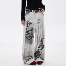 批发美式复古做旧脏染音符<b class='q'>印花</b>牛仔<b class='q'>裤</b>男宽松设计感<b class='q'>阔腿裤</b>女