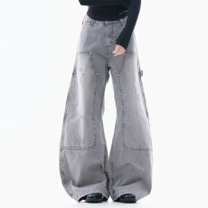 批发美式复古解构水洗弯刀牛仔裤男女微喇叭显瘦宽松休闲直筒阔腿<b class='q'>长裤</b>