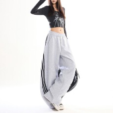 批发美式重磅撞色条纹卫裤<b class='q'>男</b>女秋季宽松垂感情侣休闲裤阔腿拖地长<b class='q'>裤子</b>