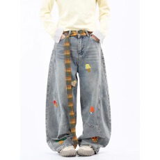 批发刺绣牛仔<b class='q'>裤</b>子粤卡设计感美式水洗复古高腰显瘦阔腿拖地<b class='q'>裤</b>女春夏