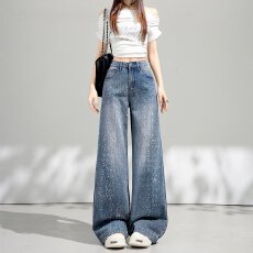 批发满天星烫钻牛仔<b class='q'>裤</b>女2026新款春季全满钻宽松简约百搭直筒阔腿<b class='q'>裤</b>子