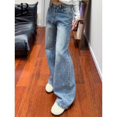 批发美式满天星河烫钻阔腿牛仔<b class='q'>裤</b>女春2026新款宽松高级感爆闪直筒<b class='q'>裤</b>子