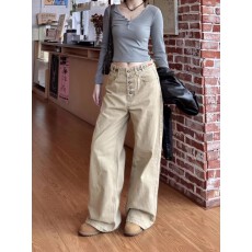 批发美式ins调节排扣<b class='q'>牛仔裤</b>女春秋款宽松显瘦设计感直筒阔