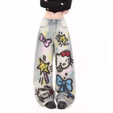 批发卡通涂鸦设计感牛仔裤男女美式高街解构直筒裤街头阔腿裤