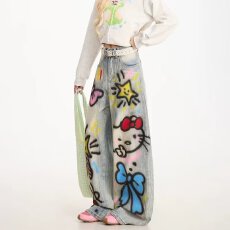 批发胖mm美式卡通涂鸦印花牛仔裤女大码复古辣妹<b class='q'>潮</b>流重工设计感弯刀裤
