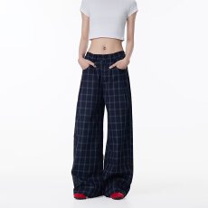 批发美式复古格子休闲裤女2025新款宽松阔腿裤直筒工装裤子