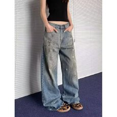 批发美式高街痞帅牛仔裤男女水洗做旧复古设计感泼墨拖地宽松直筒裤子