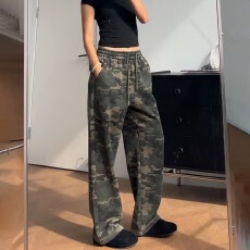 批发美式复古迷彩休闲运动裤男女款街头春秋季宽松百搭阔腿直筒卫裤