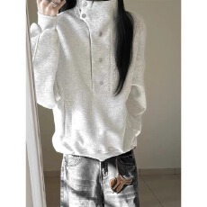 批发纽扣潮男拼接格纹立领翻领<b class='q'>卫衣</b>男女春季复古设计独特<b class='q'>宽松</b>长袖上衣