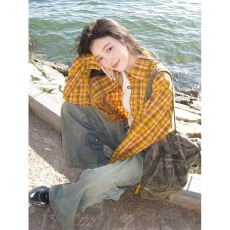 批发美式复古<b class='q'>街头</b>拼色格纹衬衫男女新款小众衬衣外套宽松休闲长袖上衣