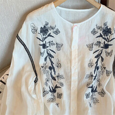 批发韩版时尚复古撞色刺绣拼接长袖衬衫女夏季新款衬衣