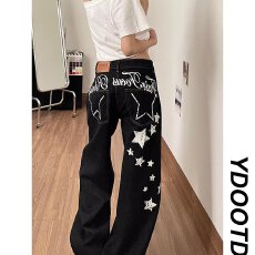 批发美式复古星星水洗弯刀牛仔裤男女春<b class='q'>秋</b>季新款宽松休闲阔腿显瘦长裤