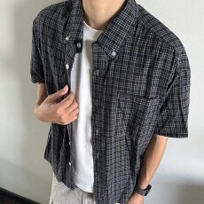 批发美式复古撞色格纹翻领短袖<b class='q'>衬衫</b>男女宽松休闲高级感<b class='q'>衬衣</b>潮