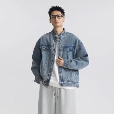 批发美式<b class='q'>街头</b>潮牌重工水洗机车风牛仔外套春秋季宽松中性风夹克