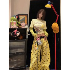 批发休闲裤女夏多巴胺黄色波点阔腿裤女休闲宽松垂感弯刀裤设计感长裤